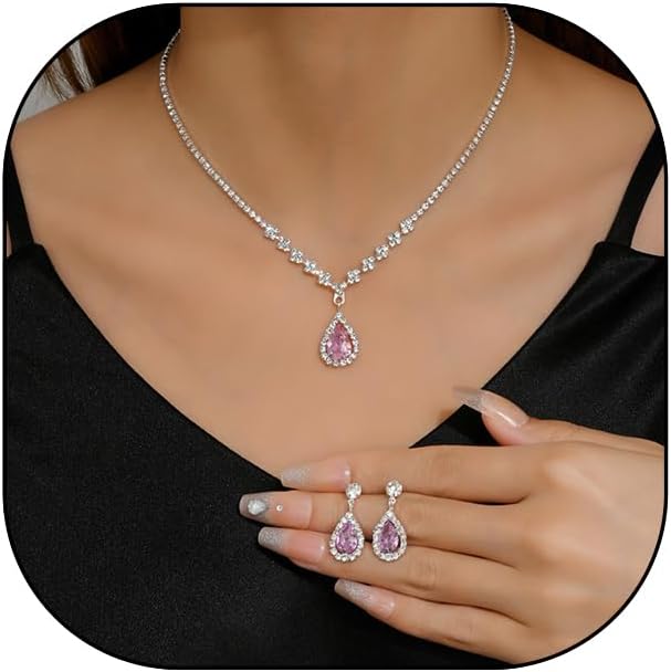JczR.Y Rhinestone Tennis Necklace Earring Set Zircon Crystal Teardrop Pendant Necklaces Rhinestone Bridal Necklace Earrings for Women Wedding Gowns Prom Statement Jewelry Set