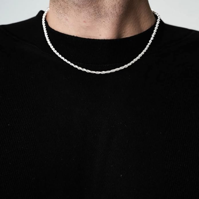 BRIJEWNES 925 Sterling Silver Clasp 2/2.5/3/4/5mm Silver Chain for Men Mens Necklace Rope Chain Necklace Diamond Cut Silver Mens Chain Necklace 16 18 20 22 24 26 28 30 Inches