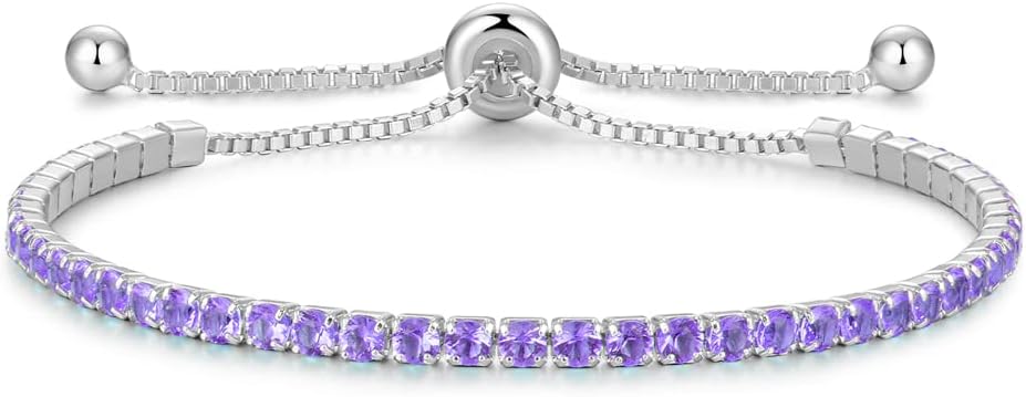 Sterling Silver Birthstone Tennis Bracelets for Women 2.5mm Tennis Bolo Bracelet Fashion Jewelry Birthday Gifts for Women Mom Wife | Adjustable Size 9"