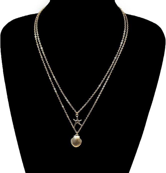 Gold Starfish Necklace for Women Beach Jewelry Accessories Sea Shell Beach Necklace Layered Starfish Pendant Beachy Ocean Necklaces Boho Cowrie Seashell Summer Necklaces Jewelry Gifts Trendy Stuff