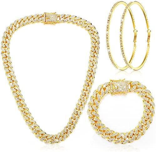 Batiyeer 3 Pcs Cuban Link Chain Necklace Bracelet Rhinestone Hoop Earrings Bling Crystal Hip Hop Jewelry for Women(24 Inch,Gold)