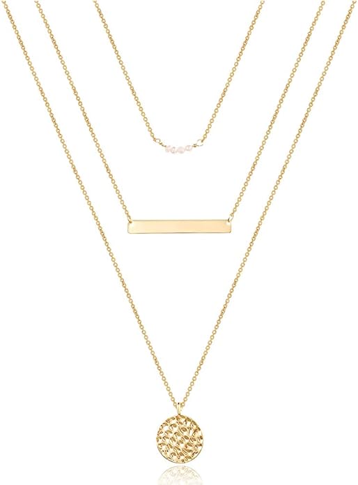 Turandoss Dainty Layered Choker Necklace, Handmade Y Pendant Necklace Multilayer Bar Disc Necklace Adjustable Layering Choker Necklaces for Women