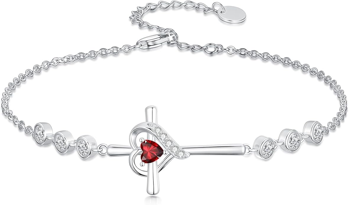 Cross Birthstone Charm Link Bracelet 925 Sterling Silver Cross Bracelet with 12 Months Birthstone Religious Christian Jewelry Gifts for Women Mom Her,Chain Length 7"+2" Extend