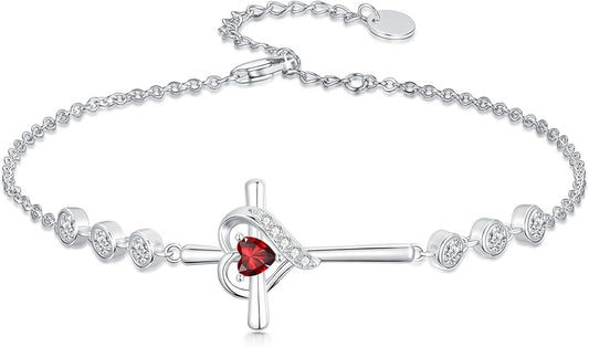 Cross Birthstone Charm Link Bracelet 925 Sterling Silver Cross Bracelet with 12 Months Birthstone Religious Christian Jewelry Gifts for Women Mom Her,Chain Length 7"+2" Extend
