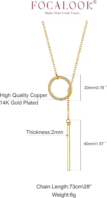 FOCALOOK Long Necklaces for Women 14K Gold Plated Dainty Drop Bar Pendant Lariat Y-Shaped Necklace Earring Set 28inch/73cm
