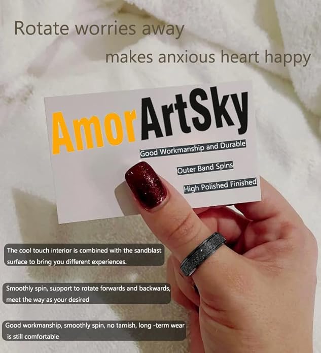 AmorArtSky Anxiety Ring for Women Men, Titanium Stainless Steel Spinner Ring, 5 Colors, 6MM, Size 6-10, 3 Styles Anxiety Ring-Moon Star, Sandblasted Finished, Hollow Outer