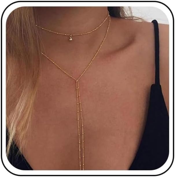 14K Gold Plated Y Necklace for Women – Dainty Lariat Long Pendant Chain, Layered Drop Necklace for V Neck Dress, Simple Sexy Cleavage Jewelry Gifts for Women