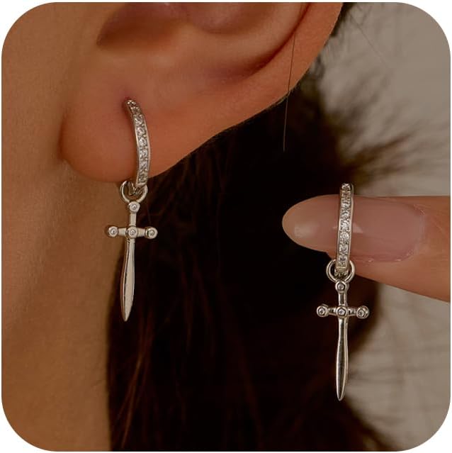 Dagger Hoop Cuff Earrings Cubic Zirconia Hypoallergenic Cartilage Earrings Huggie Ear Piercing Sword Small Dangle Drop for Women & Men BFF Stylish Jewelry