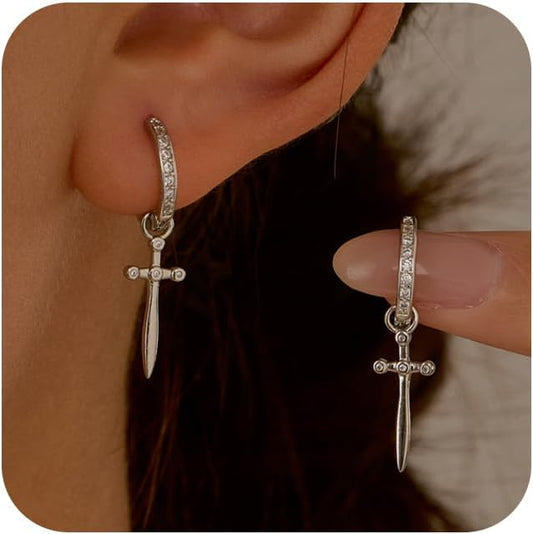 Dagger Hoop Cuff Earrings Cubic Zirconia Hypoallergenic Cartilage Earrings Huggie Ear Piercing Sword Small Dangle Drop for Women & Men BFF Stylish Jewelry