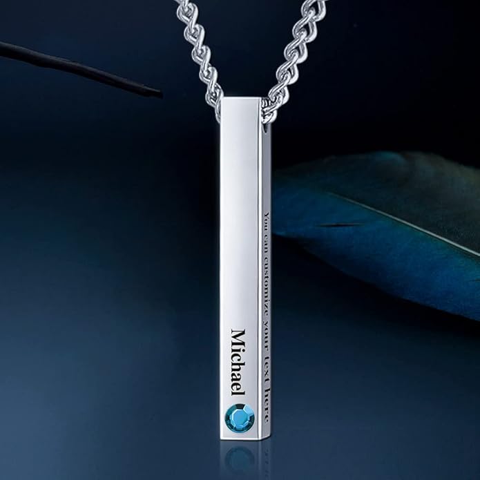 BellBlow- Personalized Bar Necklace Engraved with Name for Men Woman, Custom 3D Vertical Bar Pendant Name Chain Necklaces, 4sides Customizable Name Plate Necklace Jewelry Gift Boyfriend Girlfriend