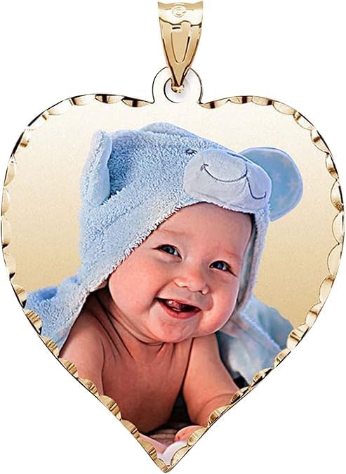 PicturesOnGold.com Personalized Photo Engraved Heart Shaped Picture Necklace with Diamond Cut Edge in Silver, Gold, White Gold or Rose Gold - 1 Inch x 1 Inch