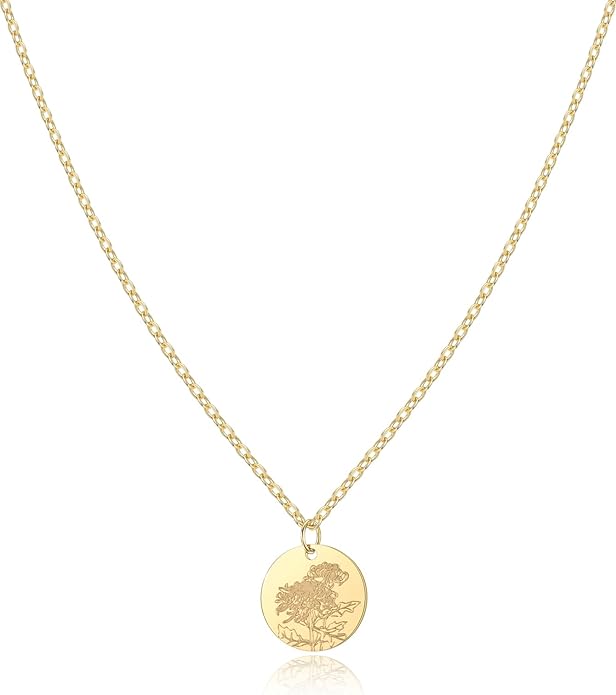 Birth Flower Necklace, 14K Gold Plated Floral Pendant Necklaces for Women, Simple Dainty Birth Month Flower Necklace, Birthday Jewelry for Women - 12 Month