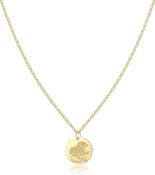 Birth Flower Necklace, 14K Gold Plated Floral Pendant Necklaces for Women, Simple Dainty Birth Month Flower Necklace, Birthday Jewelry for Women - 12 Month