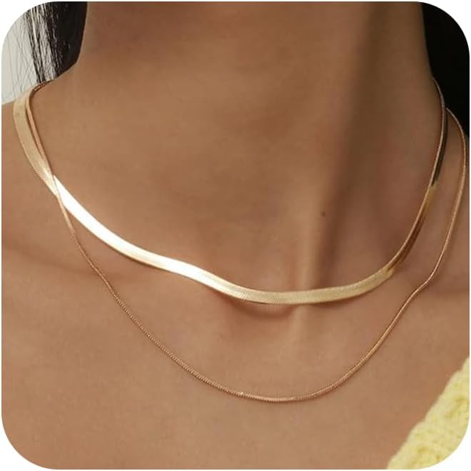 Freekiss Herringbone Necklace for Women,Dainty Gold Necklace,14k Gold Plated Snake,Gold Chain Choker Necklaces,Simple Gold Layered Necklaces,Gold Jewelry Gift for Women