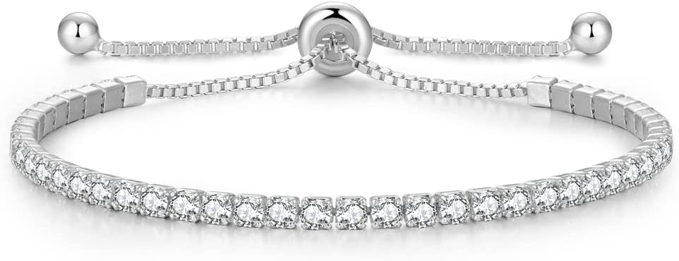 Sterling Silver Birthstone Tennis Bracelets for Women 2.5mm Tennis Bolo Bracelet Fashion Jewelry Birthday Gifts for Women Mom Wife | Adjustable Size 9"