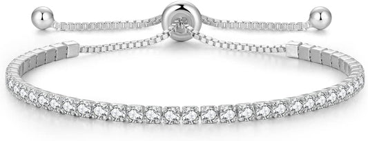 Sterling Silver Birthstone Tennis Bracelets for Women 2.5mm Tennis Bolo Bracelet Fashion Jewelry Birthday Gifts for Women Mom Wife | Adjustable Size 9"