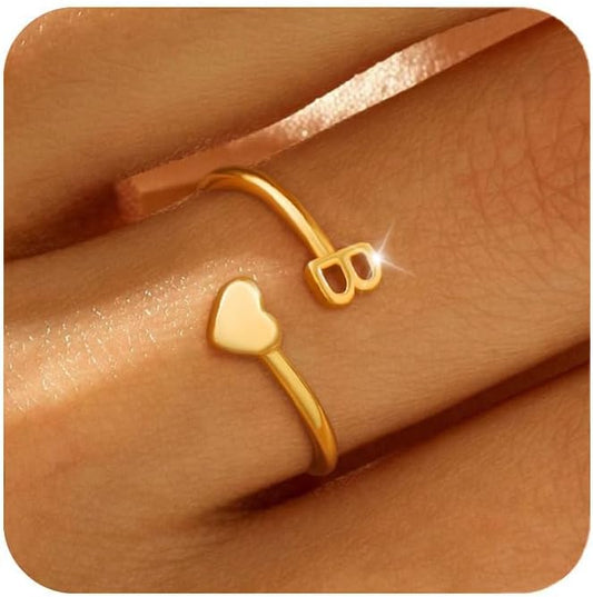 Honsny Gold Initial Rings for Women Non Tarnish 18K Gold Plated Heart Initial Stackable Rings Adjustable Pinky Rings for Women Cute Dainty Alphabet Capital Letter Rings Jewerly Gift