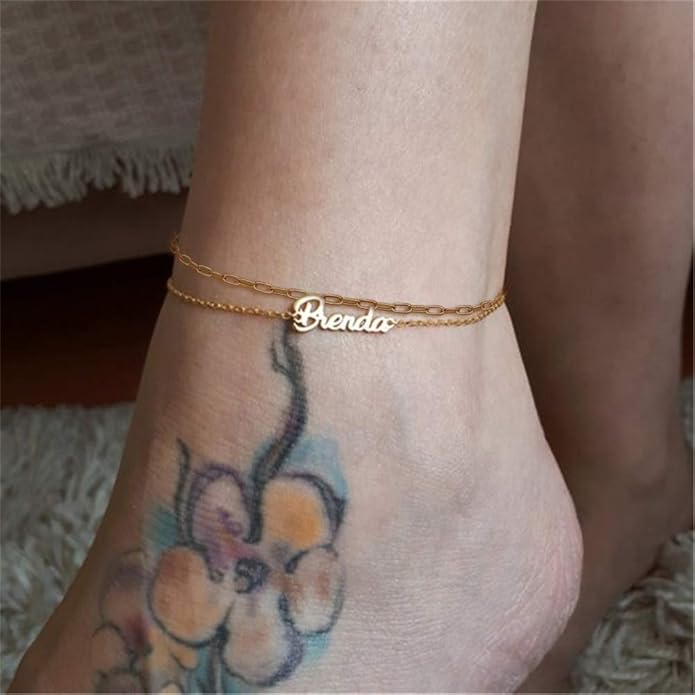 Personalized Name Ankle Bracelet for Women Custom Layered Name Anklet with Initials 18K Gold Plated Graduation Gift Customized Anklets for Women 8.7”-10.7”