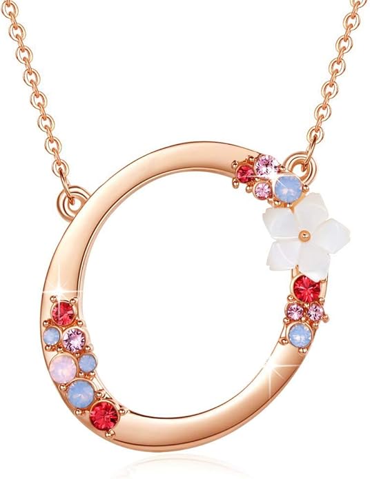 Flower Initial Letter Necklace Pink Red Blue Simulated Pearl Pendant Name Jewelry Made with Austrian Crystals Rose Gold Plated Anniversary Birthday Gifts for Women,18"+2"
