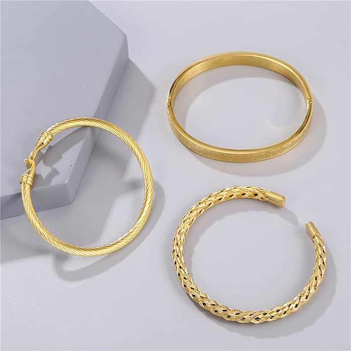 WFYOU 3PCS Stainless Steel Bracelets for Men Gold Roman Numeral Bangle Bracelet Twisted Cable Bracelet Adjustable Cuff Bracelet Mens Luxury Jewelry Bracelets Gifts