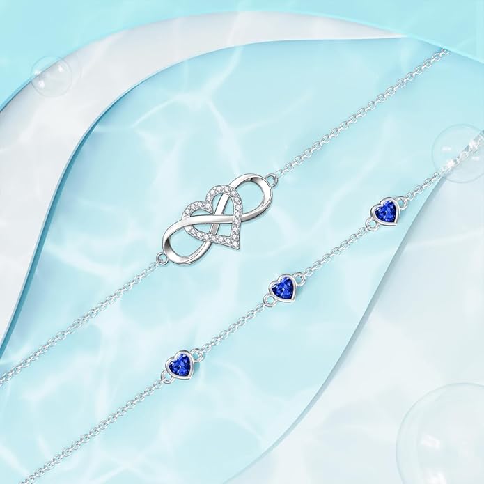 Dorunmo 925 Sterling Silver Infinity Heart Birthstone Anklet Bracelets for Women Best Mother's Day Birthday Jewelry for Wife Girlfriend Mom Her
