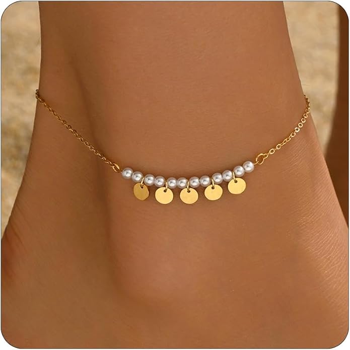 Anklet Bracelets for Women 18K Gold Plated Tennis Anklets Dainty Sapphire Paperclip Pearl Sequin Droplet Adjustable Large Anklet Bracelets Simple Beach Summer Waterproof Foot Jewelry