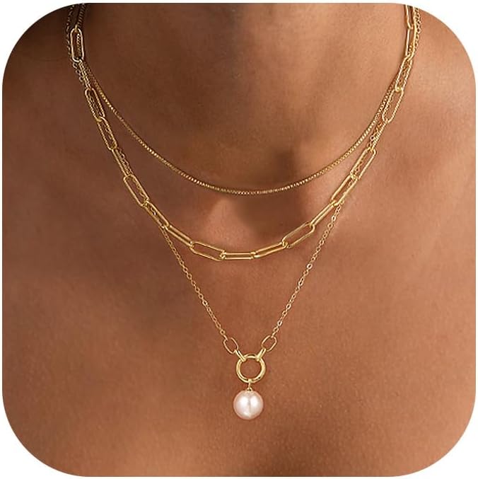 Layered Necklace for Women 14K Gold Plated Dainty Paperclip Herringbone Pearl Cross Pendant Necklace Stack，Layering Chain Cuban Figaro Rope Chain Choker Trendy Gold Jewelry Gift
