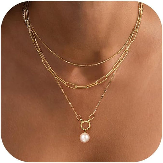 Layered Necklace for Women 14K Gold Plated Dainty Paperclip Herringbone Pearl Cross Pendant Necklace Stack，Layering Chain Cuban Figaro Rope Chain Choker Trendy Gold Jewelry Gift