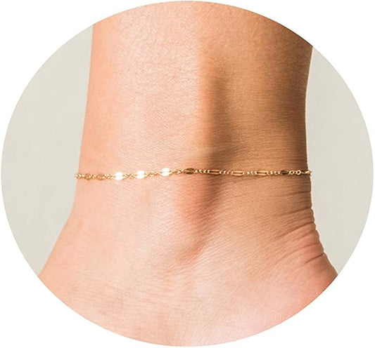Dainty Ankle Bracelets for Women 18K Gold Plated Satellite Beaded Herringbone Chain Anklets Simple Lip Chain Anklet Minimalist Summer Beach Foot Jewelry Christmas