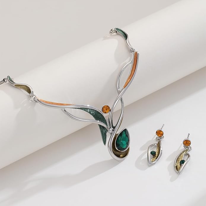 Chunky Statement Jewelry Set Vintage Retro Leaf Flower Floral Geometric Bohemian Boho Bib Necklace Earring Set Fashion Costume Jewelry for Women Girls Wedding Party Prom Unique Gift