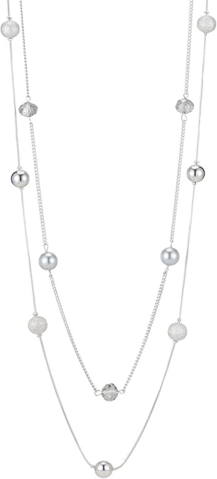 Silver Layered Long Necklace for Women Pearl Crystal Sweater Strand Chain Necklaces Fashion Gifts