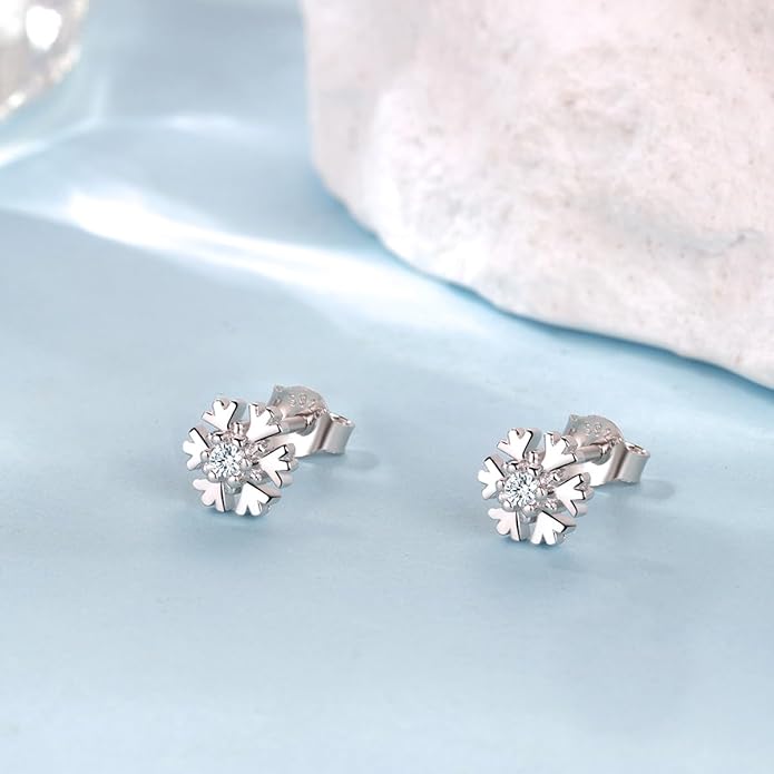 Small Snowflake Earrings Small Snowflake Necklace 925 Sterling Silver Hypoallergenic CZ Winter Party Chrismas Jewelry Gifts for Women