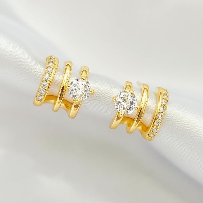 14K Gold Plated Hoop Earrings for Women Triple Huggie Illusion Stud Earring | Double Huggie Hoop Earrings for One Hole | Claw Ear Cuff Earring Jewelry Gift for Women