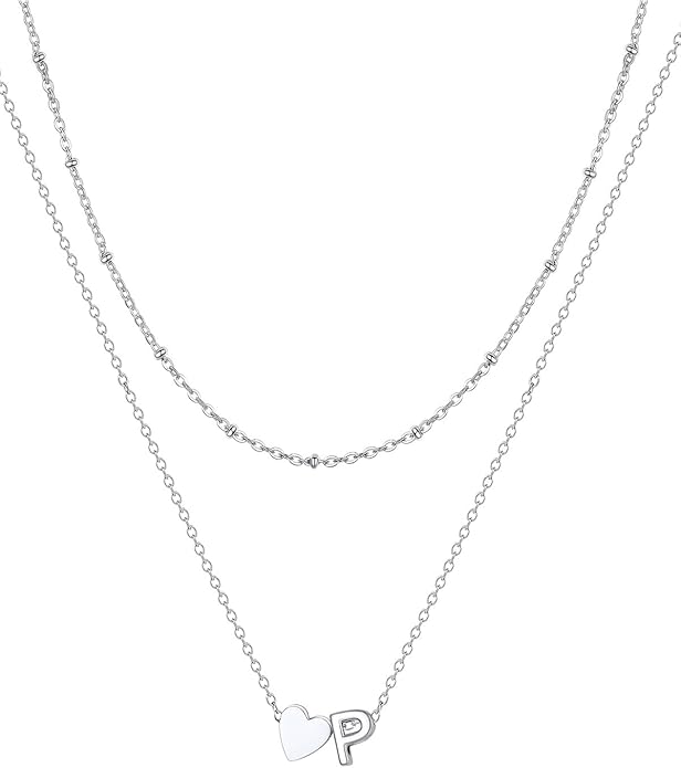 FOCALOOK Layered Initial Necklace for Women, 14K Gold Plated Choker Necklaces Stacks with Initial A-Z, Dainty Silver Heart Pendant Necklace Personalized Birthday Women Jewelry