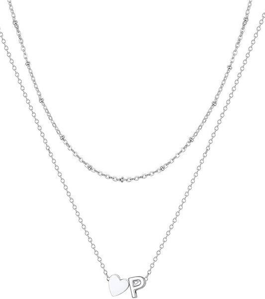 FOCALOOK Layered Initial Necklace for Women, 14K Gold Plated Choker Necklaces Stacks with Initial A-Z, Dainty Silver Heart Pendant Necklace Personalized Birthday Women Jewelry