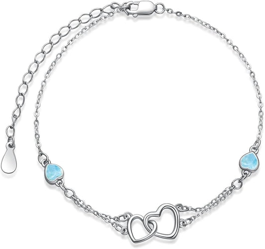 Dorunmo Anklet/Bracelet for Women 925 Sterling Silver Birthstone Jewelry Cubic Zirconia Double Heart Chain Jewelry for Mom Wife Friend Bride Valentine's Day Christmas Birthday Mother's Day