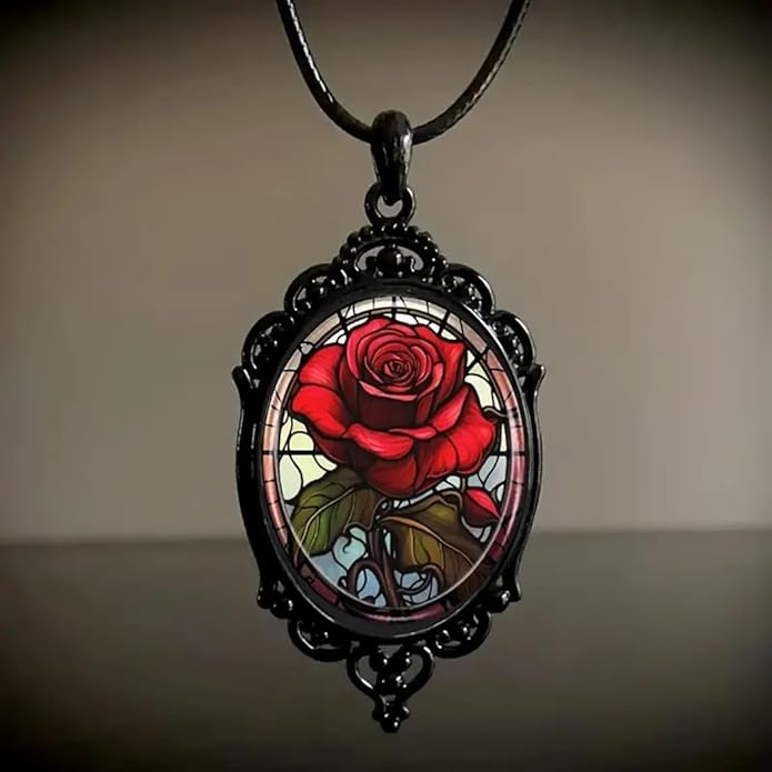 Gothic Rose Glass Necklace for Women Vintage Satan Demon Pendant Halloween Roses Necklaces Dark Punk Style Necklace Victoria Emboss Necklaces Mystic Witch Jewelry Gift Accessories