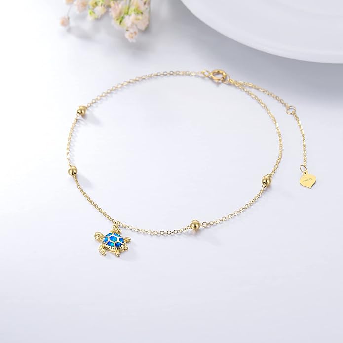14K Gold Sea Turtle Anklet for Women Blue Opal Layered Ankle Bracelet Real Gold Beach Foot Jewelry Yellow Gold, 8''-10''