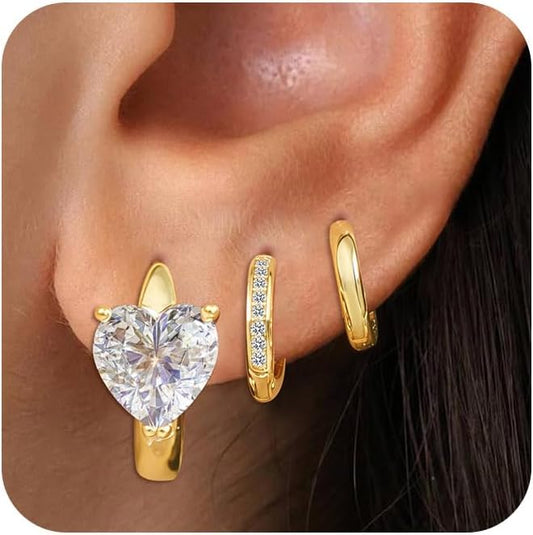 3Pairs Small Gold Huggie Hoop Earrings for Women,Romantic heart,Twisted braid two colors,3 CZ Hoop,5 Round Zircon Sport Hoops Earrings Set,14K Gold Filled Silver Hypoallergenic Earring Excellent gift