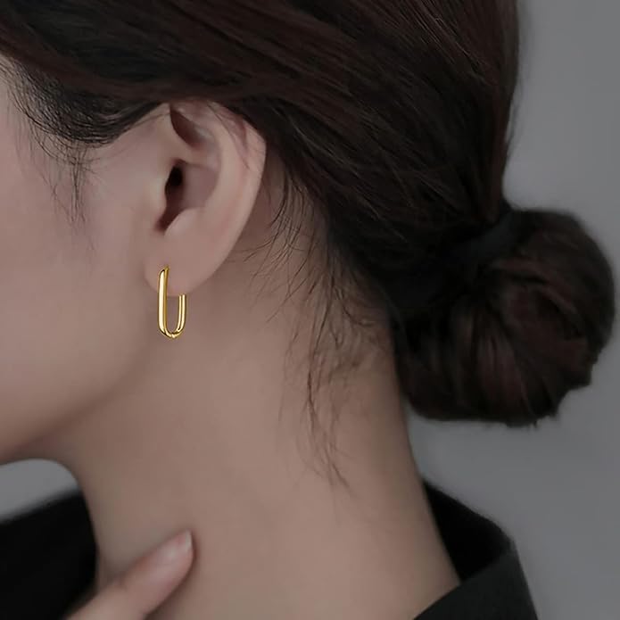 Reffeer 925 Sterling Silver U Hoop Earrings for Women Teens Minimalist Square Hoop Earrings U Huggie Earrings