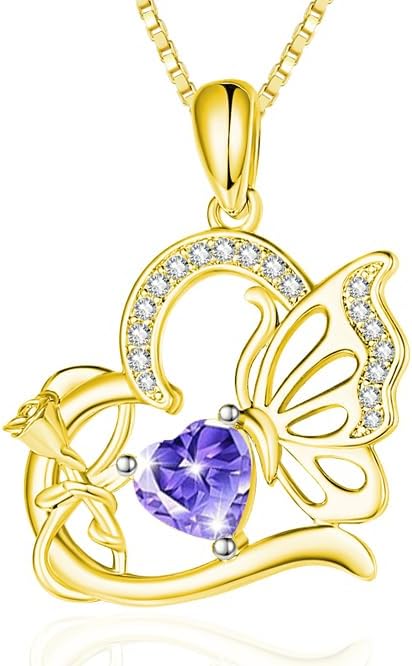 Birthstone Heart butterfly Necklace for Women, Infinity Pendant 14K Gold /18K White Gold Womens Necklaces, Jewelry Anniversary Birthday Christmas Gifts for Her Mom Wife﻿