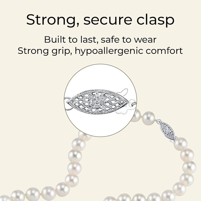 The Pearl Source Real Pearl Necklace for Women with AAA+ Quality Round White Freshwater Genuine Cultured Pearls | Pearl Strand with 14K Gold Plated Sterling Silver Clasp