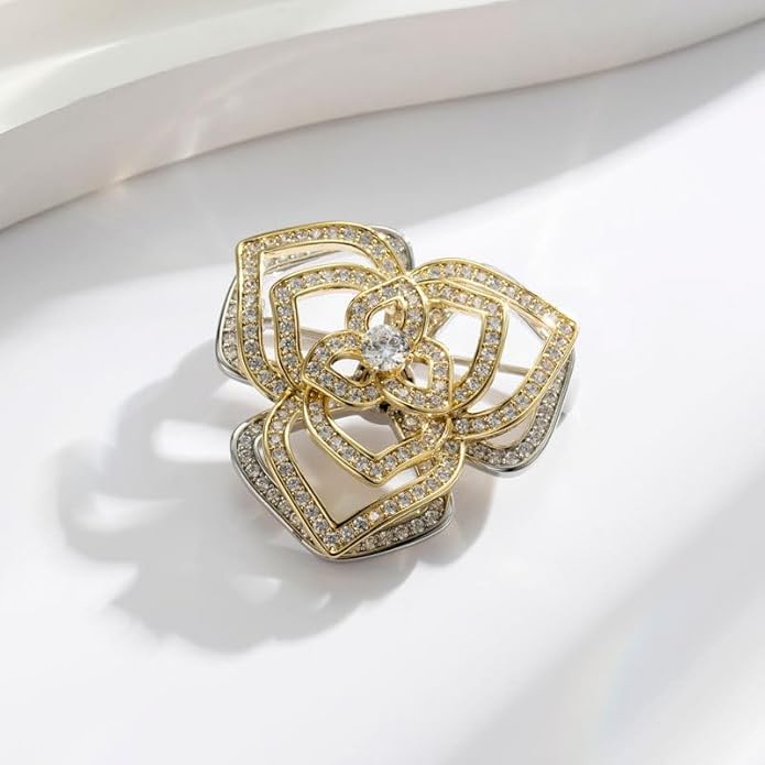 14K Gold Mother of Pearl Camellia Brooch, Luxury Moissanite Flower Pin, Sophisticated Accessory for Dinners and Parties