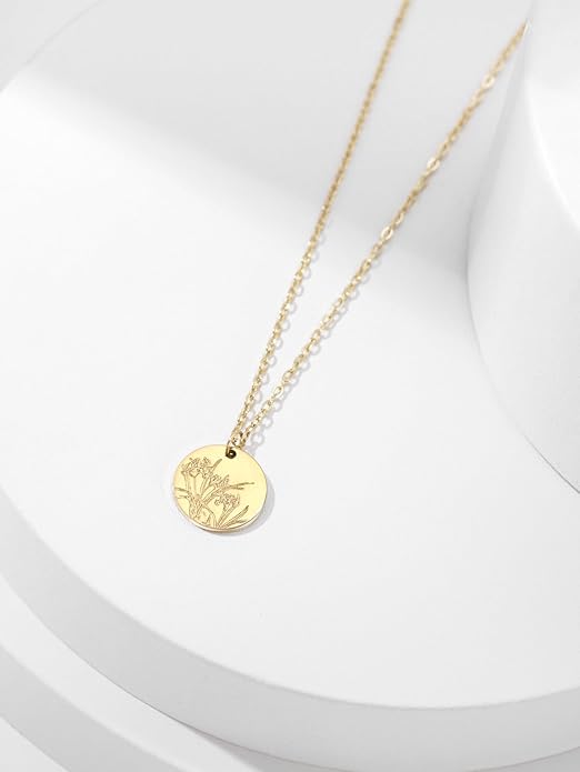 Birth Flower Necklace, 14K Gold Plated Floral Pendant Necklaces for Women, Simple Dainty Birth Month Flower Necklace, Birthday Jewelry for Women - 12 Month
