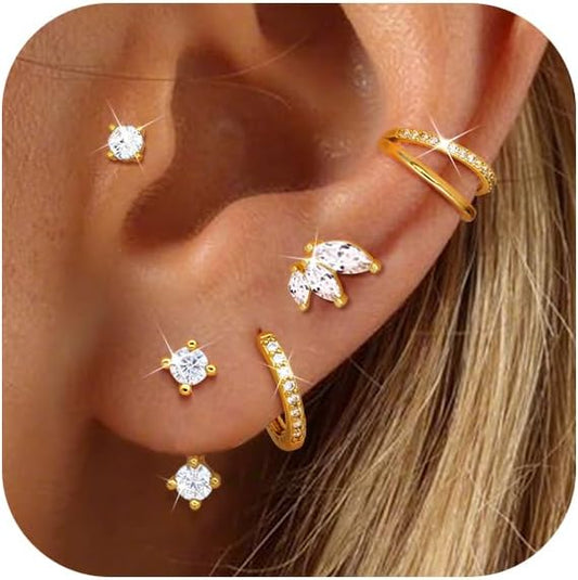 Florideco 925 Sterling Silver Earrings for Women Trendy Hypoallergenic Small Gold Hoop Earrings 14K Gold Plated Stud Earring Sets for Multiple Piercing CZ Ear Cuff Cartilage Earring Stacks