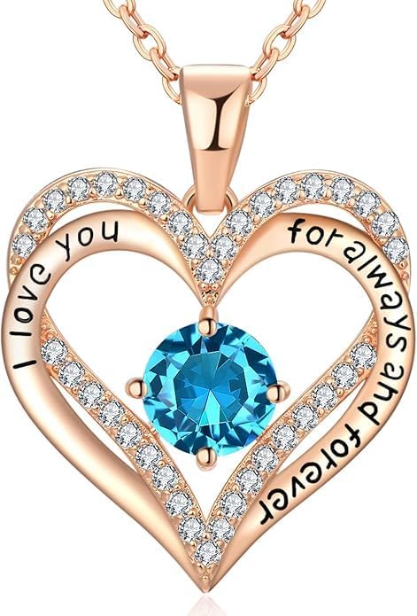 Birthstone Heart Necklace for Women Wife Girlfriend Mom Daughter Gifts S925 Silver Jewelry For Anniversary Rose Gold Gifts For Birthday Christmas Mothers Valentines Day