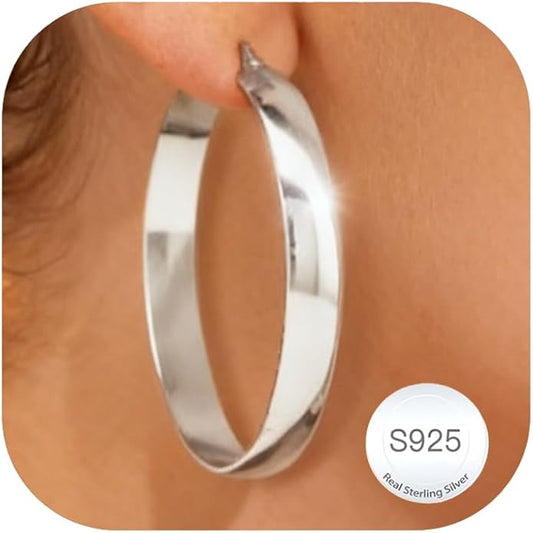 EXGOX 5mm Wide Gold Hoop Earrings for Women,Sterling Silver Hoop Earrings Large Silver Hoop Earrings Hypoallergenic Lightweight 14K Real Gold Plated Big Hoop Earrings for Women 30/40/50/60/70mm
