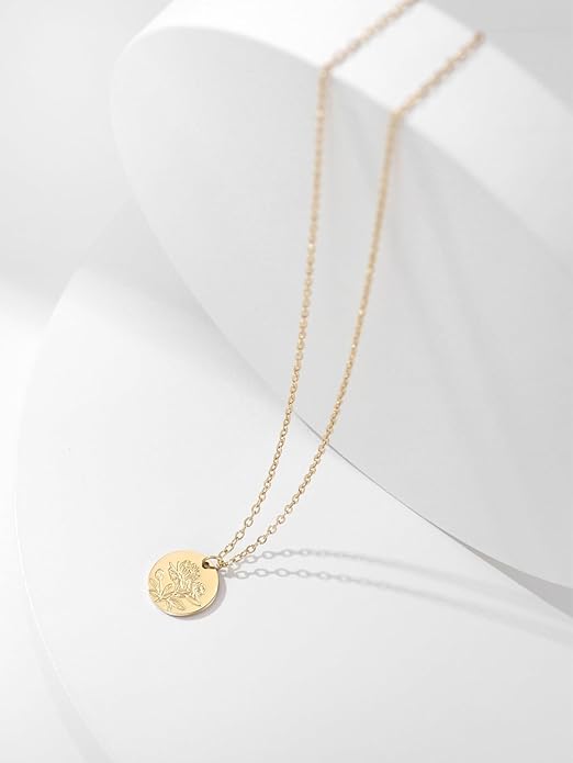Birth Flower Necklace, 14K Gold Plated Floral Pendant Necklaces for Women, Simple Dainty Birth Month Flower Necklace, Birthday Jewelry for Women - 12 Month