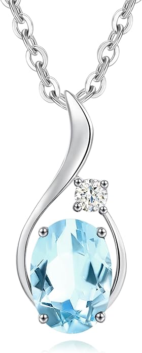 FANCIME 14K Solid White Gold Oval Gemstone Necklace with Diamond Pendant Gifts for Mom Women,16"+2" Inches