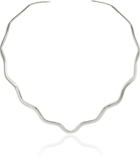 925 Sterling Silver Wavy V Shape Neck Collar Neckwire Chain Cuff Choker Necklace